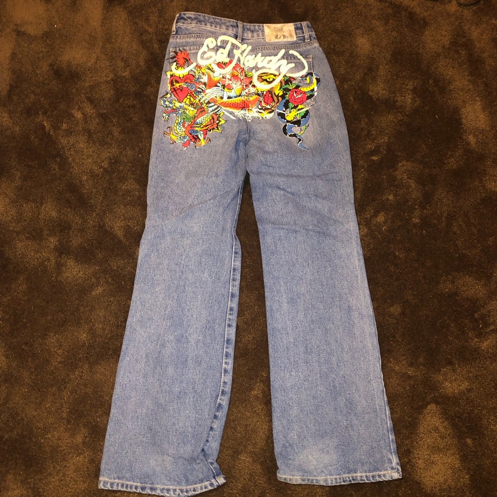 Ed Hardy Blue Denim Jeans with Colorful Tiger & Snake Graphic - Picture 4 of 6